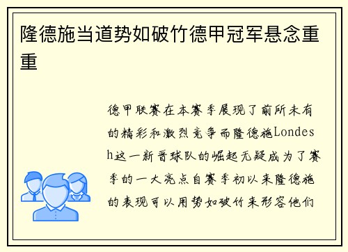 隆德施当道势如破竹德甲冠军悬念重重
