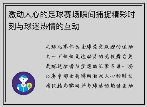激动人心的足球赛场瞬间捕捉精彩时刻与球迷热情的互动