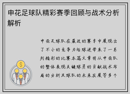 申花足球队精彩赛季回顾与战术分析解析
