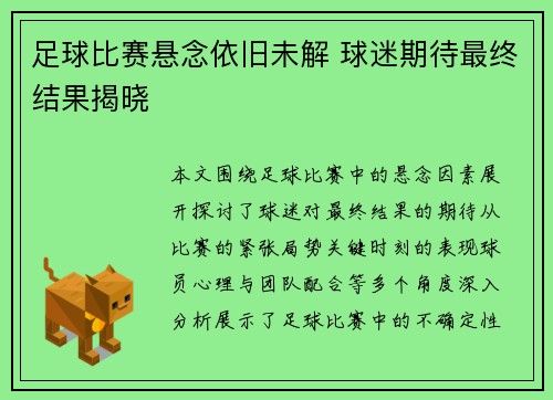 足球比赛悬念依旧未解 球迷期待最终结果揭晓