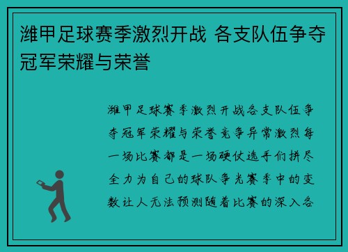潍甲足球赛季激烈开战 各支队伍争夺冠军荣耀与荣誉