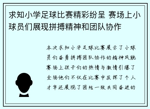 求知小学足球比赛精彩纷呈 赛场上小球员们展现拼搏精神和团队协作