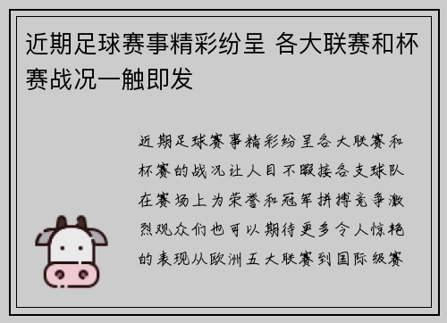 近期足球赛事精彩纷呈 各大联赛和杯赛战况一触即发