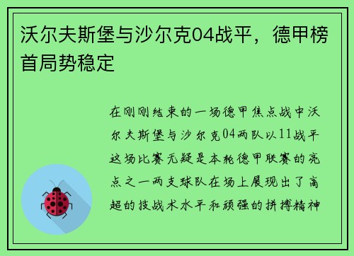 沃尔夫斯堡与沙尔克04战平，德甲榜首局势稳定