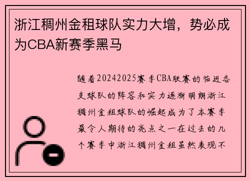 浙江稠州金租球队实力大增，势必成为CBA新赛季黑马