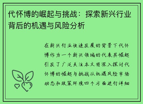 代怀博的崛起与挑战：探索新兴行业背后的机遇与风险分析