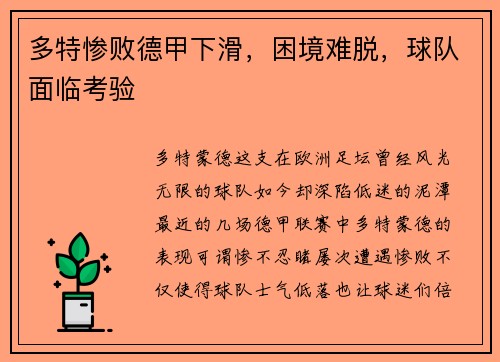 多特惨败德甲下滑，困境难脱，球队面临考验