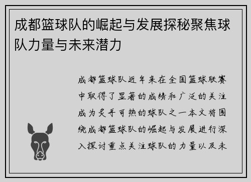 成都篮球队的崛起与发展探秘聚焦球队力量与未来潜力