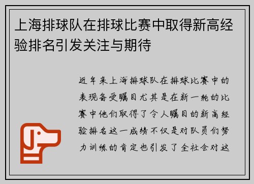 上海排球队在排球比赛中取得新高经验排名引发关注与期待