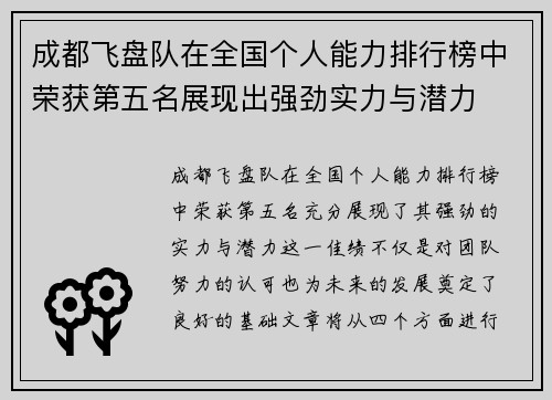 成都飞盘队在全国个人能力排行榜中荣获第五名展现出强劲实力与潜力