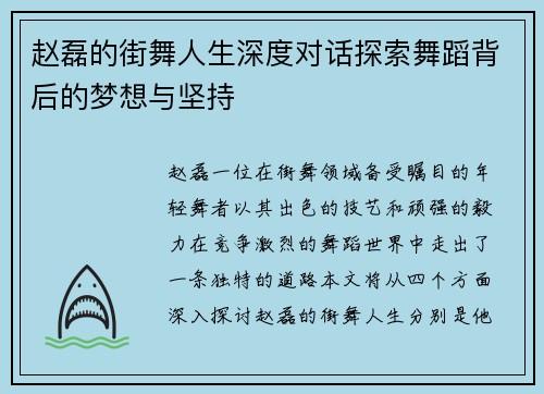 赵磊的街舞人生深度对话探索舞蹈背后的梦想与坚持