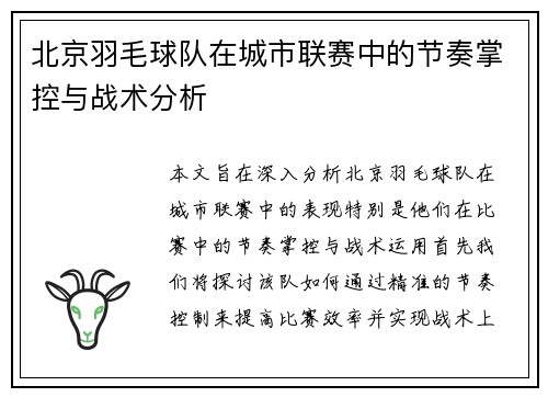 北京羽毛球队在城市联赛中的节奏掌控与战术分析